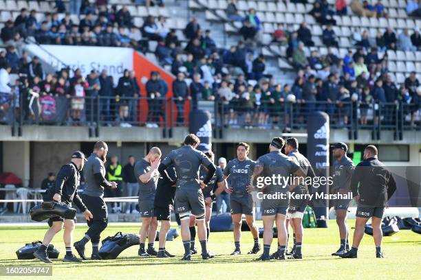 All Blacks players train during a New Zealand All Blacks training session at McLean Park on August 09, 2023 in Napier, New Zealand.