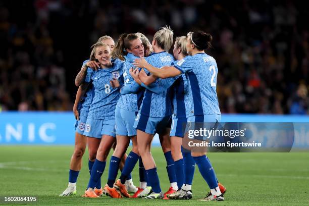 Ella Toone of England celebrates her goal with team mates during the Women's World Cup Semi Final football match between the Australia Matildas and...