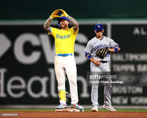 Alex Verdugo of the Boston Red Sox reacts after hitting an RBI double in the bottom of the fifth inning of the game against the Kansas City Royals at...