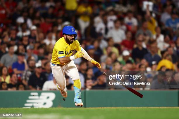 Connor Wong of the Boston Red Sox hits an RBI single in the bottom of the fifth inning of the game against the Kansas City Royals at Fenway Park on...