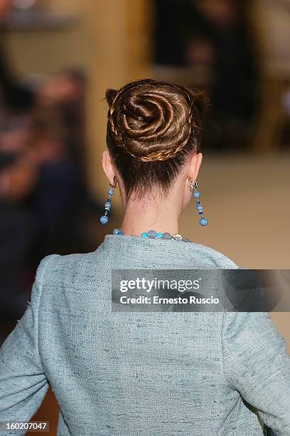 Model walks the runway during Curiel Couture fashion show as part of AltaRoma AltaModa Fashion Week on January 27, 2013 in Rome, Italy.