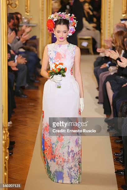 Model walks the runway during Curiel Couture fashion show as part of AltaRoma AltaModa Fashion Week on January 27, 2013 in Rome, Italy.