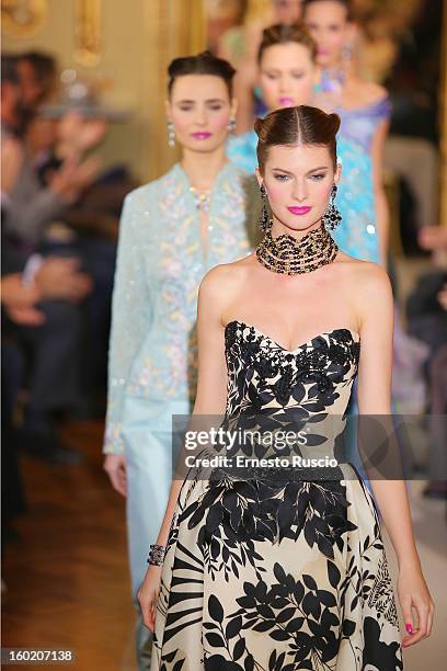 Models walk the runway during Curiel Couture fashion show as part of AltaRoma AltaModa Fashion Week on January 27, 2013 in Rome, Italy.