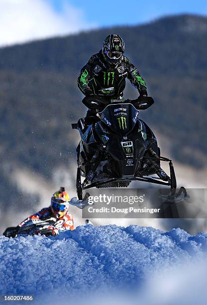 Tucker Hibbert races takes the gold medal as he wins the Snowmobile Snocross Final at Winter X Games Aspen 2013 at Buttermilk Mountain on January 27,...