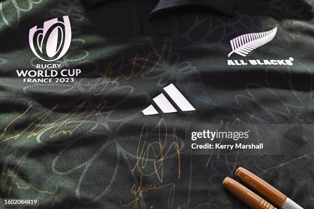 Rugby World Cup logo on a signed shirt during a New Zealand All Blacks training session at McLean Park on August 09, 2023 in Napier, New Zealand.