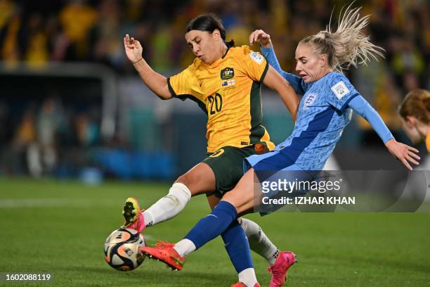 Australia's forward Sam Kerr fights for the ball England's defender Alex Greenwood during the Australia and New Zealand 2023 Women's World Cup...