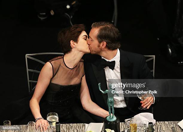 Actress Anne Hathaway and Adam Shulman attend the 19th Annual Screen Actors Guild Awards at The Shrine Auditorium on January 27, 2013 in Los Angeles,...