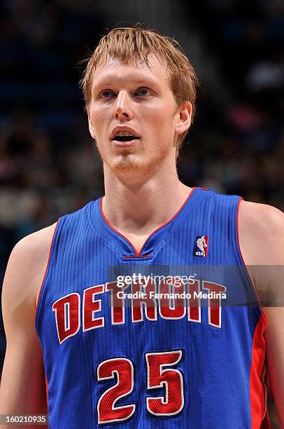 Kyle Singler of the Detroit Pistons looks on during the game between the Detroit Pistons and the Orlando Magic on January 27, 2013 at Amway Center in...