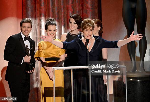 Actors Allen Leech; Sophie McShera; Michelle Dockery; Phyllis Logan and Amy Nuttall accept the award for Outstanding Performance by an Ensemble in a...