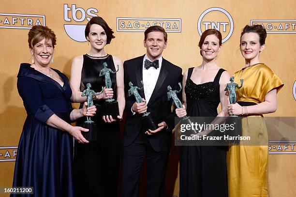 Actors Phyllis Logan, Michelle Dockery, Allen Leech, Amy Nuttall and Sophie McShera, winners of Outstanding Performance by an Ensemble in a Drama...