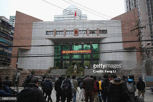 Media wait outside Guiyang Intermediate People's Court before a press conference on former Chinese leader Bo Xilai's case on January 28, 2013 in...
