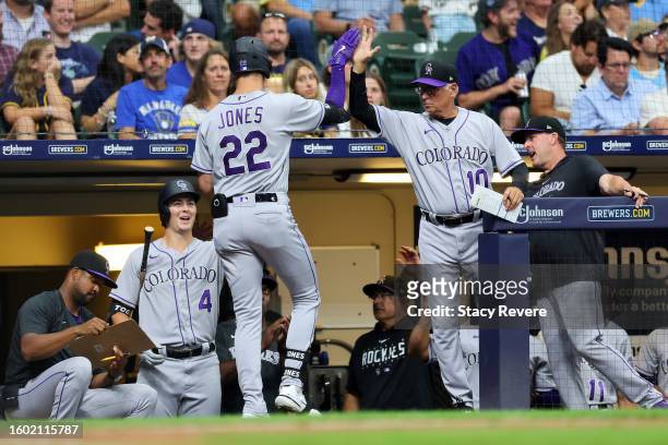 Nolan Jones of the Colorado Rockies is congratulated by manager Bud Black following a home run against the Milwaukee Brewers during the seventh...