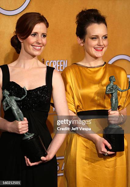 Actresses Amy Nutall and Sophie McSheara pose in the press room during the 19th Annual Screen Actors Guild Awards held at The Shrine Auditorium on...