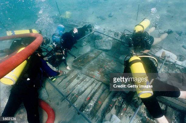 Researchers from Haifa University's Institute for Marine Biology examine the wreck of a Byzantine-era ship in the Mediterranean waters off Tantura...