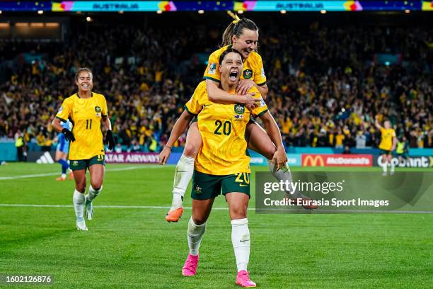Sam Kerr of Australia celebrating her goal with her teammate Hayley Raso of Australia during the FIFA Women's World Cup Australia & New Zealand 2023...