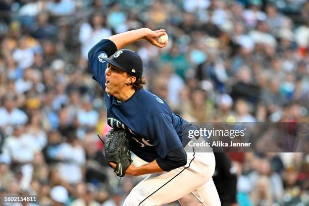 Logan Gilbert of the Seattle Mariners throws a pitch during the first inning against the San Diego Padres at T-Mobile Park on August 08, 2023 in...