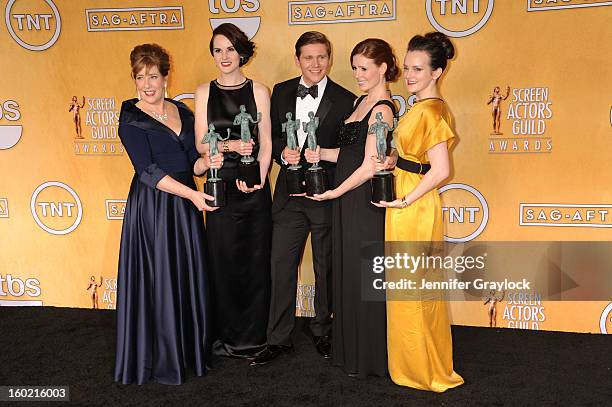 Actors Phyllis Logan, Michelle Dockery, Allen Leech, Amy Nuttall and Sophie McShera, winners of Outstanding Performance by an Ensemble in a Drama...