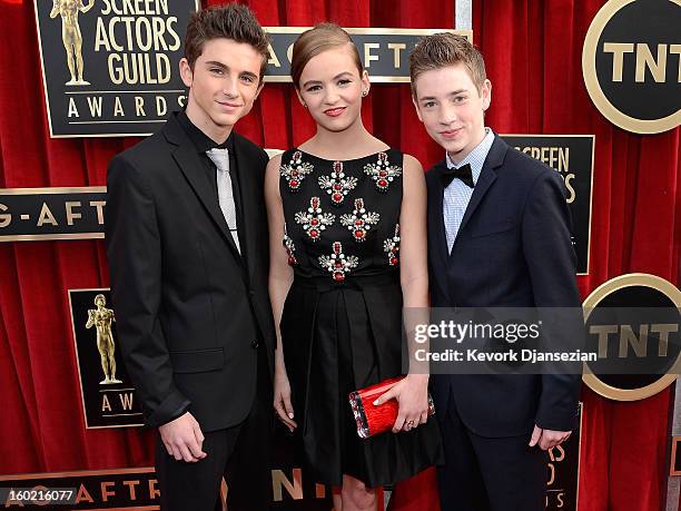 Actors Timothee Chalamet, Morgan Saylor, and Jackson Pace arrive at the 19th Annual Screen Actors Guild Awards held at The Shrine Auditorium on...