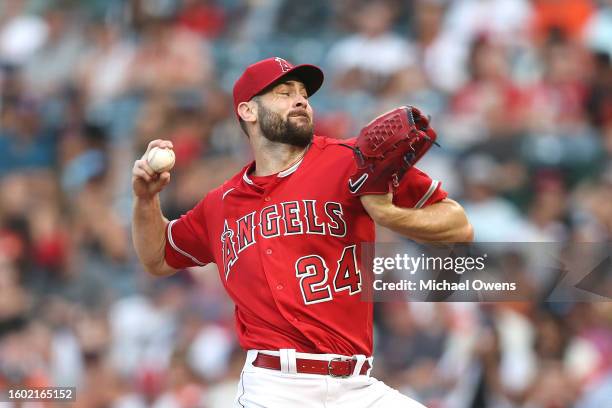 Lucas Giolito of the Los Angeles Angels pitches against the San Francisco Giants during the first inning of a game at Angel Stadium of Anaheim on...