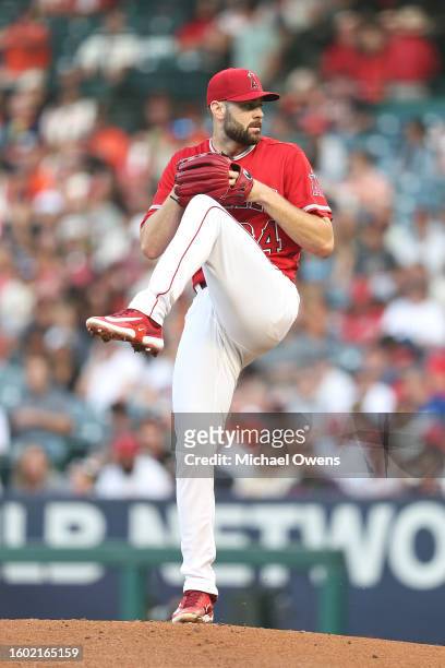 Lucas Giolito of the Los Angeles Angels pitches against the San Francisco Giants during the first inning of a game at Angel Stadium of Anaheim on...