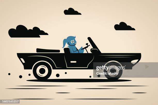 a smiling woman driving a convertible car - sports car stock illustrations