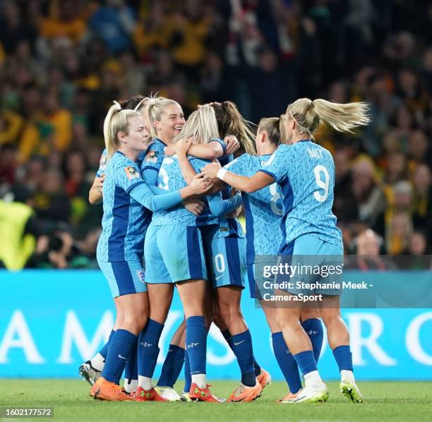 England's Ella Toone celebrates scoring her side's first goal with team-mates during the FIFA Women's World Cup Australia & New Zealand 2023 Semi...