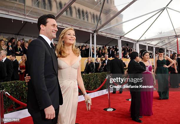 Actors Jon Hamm and Jennifer Westfeldt attend the 19th Annual Screen Actors Guild Awards at The Shrine Auditorium on January 27, 2013 in Los Angeles,...