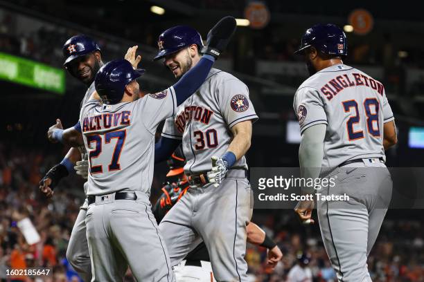 Kyle Tucker of the Houston Astros celebrates with Jose Altuve, Yordan Alvarez, and Jon Singleton after hitting a grand slam home run against the...