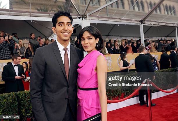 Actors Dev Patel and Frieda Pinto attend the 19th Annual Screen Actors Guild Awards at The Shrine Auditorium on January 27, 2013 in Los Angeles,...