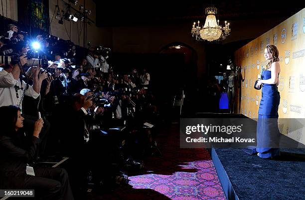 Actress Jennifer Lawrence backstage at the 19th Annual Screen Actors Guild Awards at The Shrine Auditorium on January 27, 2013 in Los Angeles,...