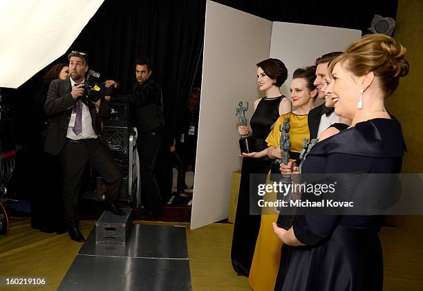 Actors Amy Nuttall, Sophie McShera, Allen Leech, and Phyllis Logan backstage at the 19th Annual Screen Actors Guild Awards at The Shrine Auditorium...