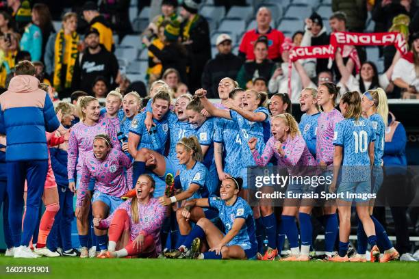 England squad celebrates after winning Australia during the FIFA Women's World Cup Australia & New Zealand 2023 Semi Final match between Australia...