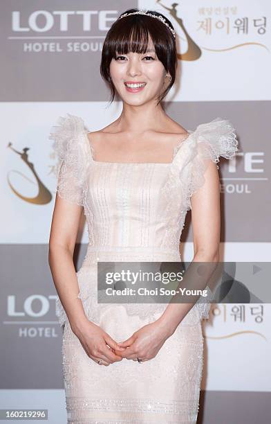 Sun of Wondergirls poses for photographs before her wedding at lotte hotel on January 26, 2013 in Seoul, South Korea.