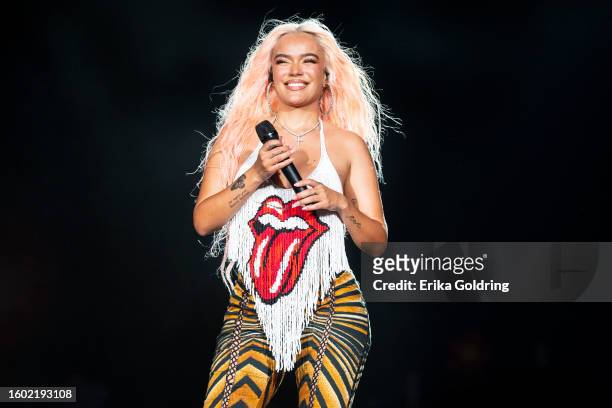 Karol G performs during Lollapalooza at Grant Park on August 03, 2023 in Chicago, Illinois.