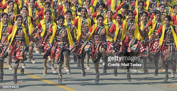 Dancers perform during 64th Republic Day celebrations in New Delhi on Saturday.