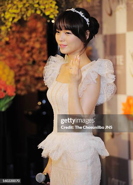 Sun of Wondergirls poses for photographs before her wedding at lotte hotel on January 26, 2013 in Seoul, South Korea.