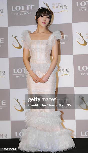 Sun of Wondergirls poses for photographs before her wedding at lotte hotel on January 26, 2013 in Seoul, South Korea.