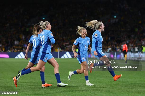 Lauren Hemp of England celebrates their second goal during the FIFA Women's World Cup Australia & New Zealand 2023 Semi Final match between Australia...