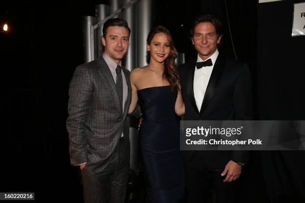 Actors Justin Timberlake, Jennifer Lawrence and Bradley Cooper attend the 19th Annual Screen Actors Guild Awards at The Shrine Auditorium on January...