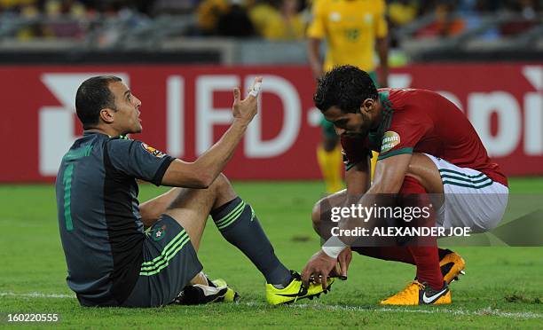 Morocco's goalkeeper Nadir Lamyaghri gestures during the South Africa vs Morocco Africa Cup of Nations 2013 group A football match at Moses Mahiba...