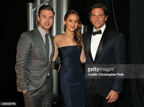 Actors Justin Timberlake, Jennifer Lawrence and Bradley Cooper attend the 19th Annual Screen Actors Guild Awards at The Shrine Auditorium on January...