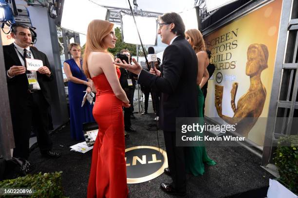 Actress Jessica Chastain and People Magazine Deputy Managing Editor Peter Castro attend the 19th Annual Screen Actors Guild Awards at The Shrine...