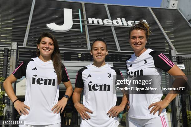 Sofia Cantore, Lisa Boattin and Cristiana Girelli pose at J Medical on August 16, 2023 in Torino, Italy.