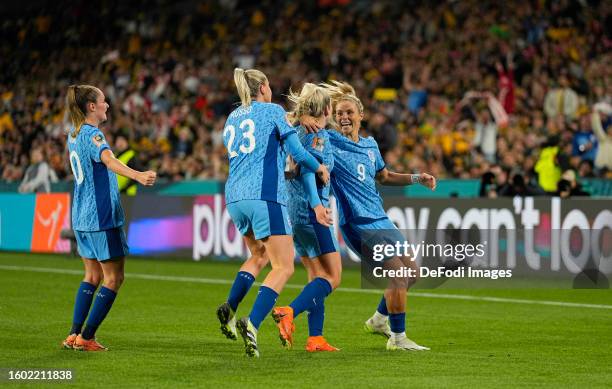 Lauren Hemp of England celebrates the teams second goal during the FIFA Women's World Cup Australia & New Zealand 2023 Semi Final match between...