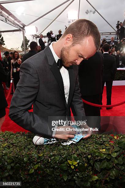 Actor Aaron Paul attends the 19th Annual Screen Actors Guild Awards at The Shrine Auditorium on January 27, 2013 in Los Angeles, California....