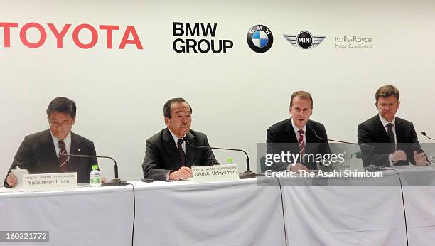 Toyota Motor Co director and senior managing officer Yasumori Ihara, vice chairman Takeshi Uchiyamada, BMW development chief Herbert Diess and senior...