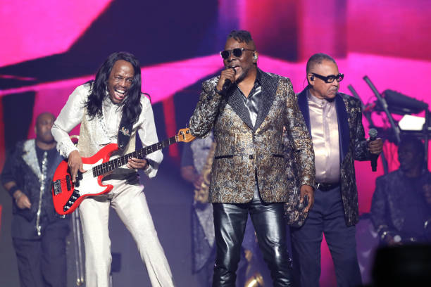 Verdine White, Philip Bailey, and Ralph Johnson of Earth, Wind & Fire perform during the "Sing A Song All Night Long" Tour stop at Scotiabank Arena...