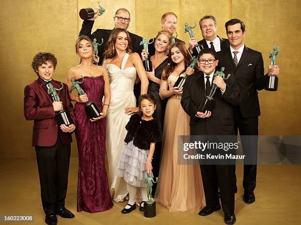 The cast of "Modern Family" pose during the 19th Annual Screen Actors Guild Awards at The Shrine Auditorium on January 27, 2013 in Los Angeles,...