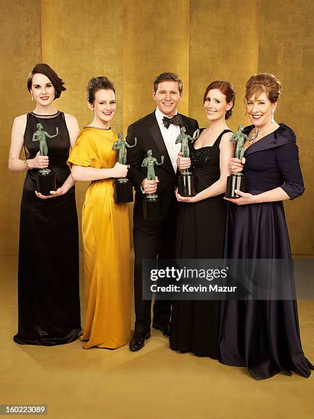 Michelle Dockery, Sophie McShera, Allen Leech, Amy Nuttall and Phyllis Logan pose during the 19th Annual Screen Actors Guild Awards at The Shrine...