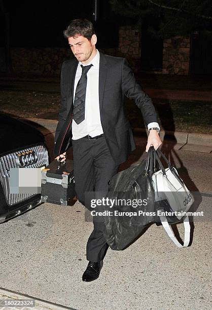 Iker Casillas is seen arriving at home from FIFA Ballon d'Or Gala 2012 in Zurich on January 7, 2013 in Madrid, Spain.